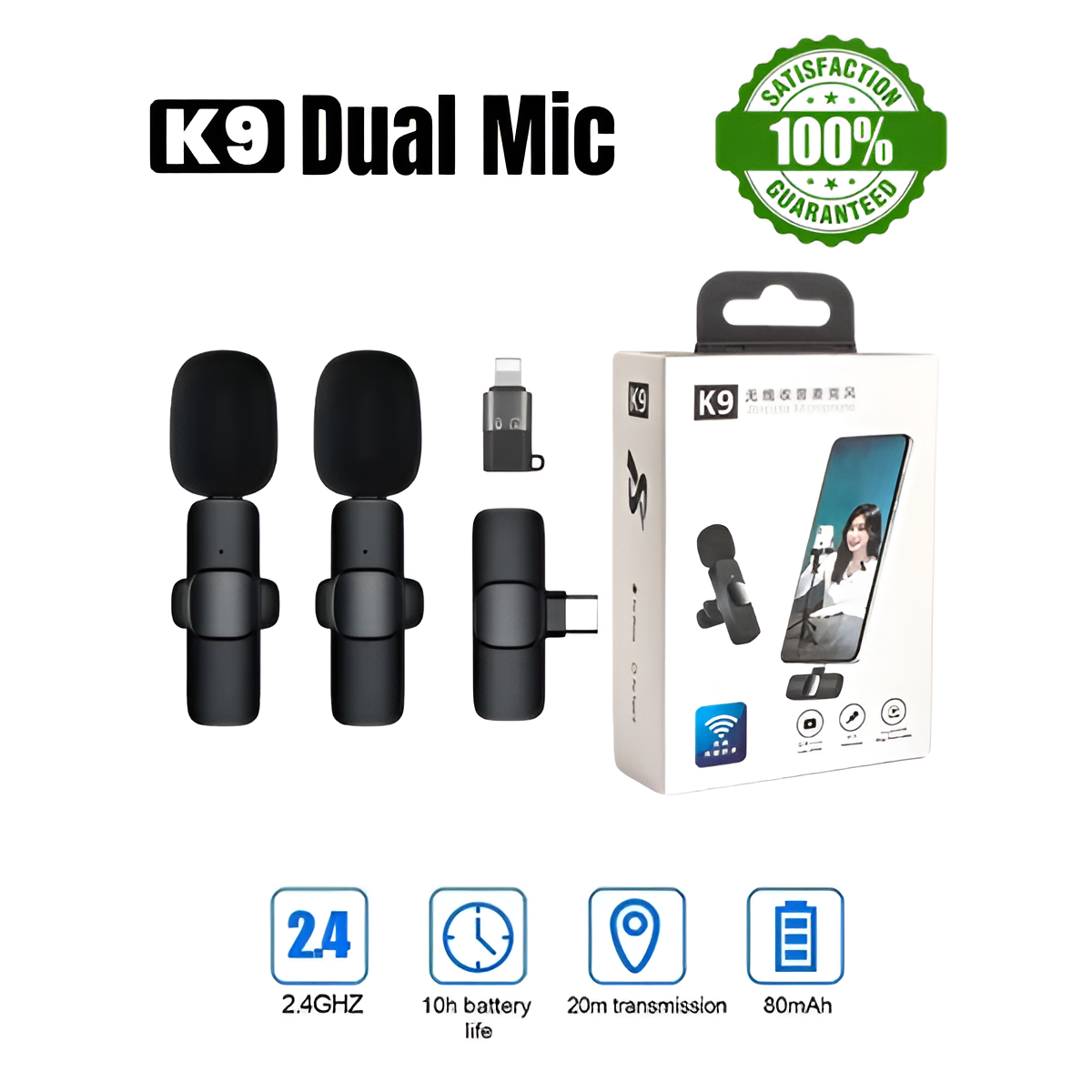 K9 Dual Wireless Lavalier Collar Microphones C-Type,iPhone & Android